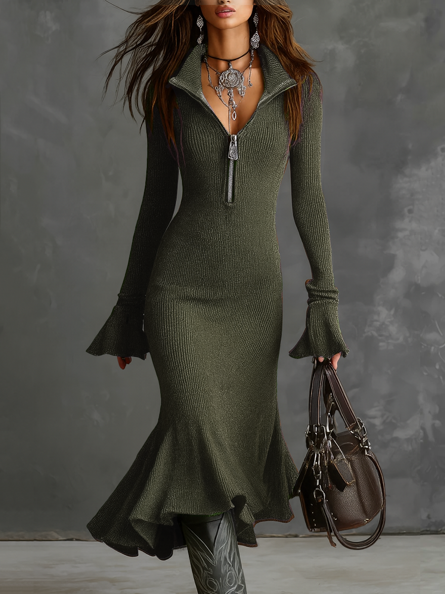 NORELIA – Elegant Trumpet-Sleeve Knit Dress